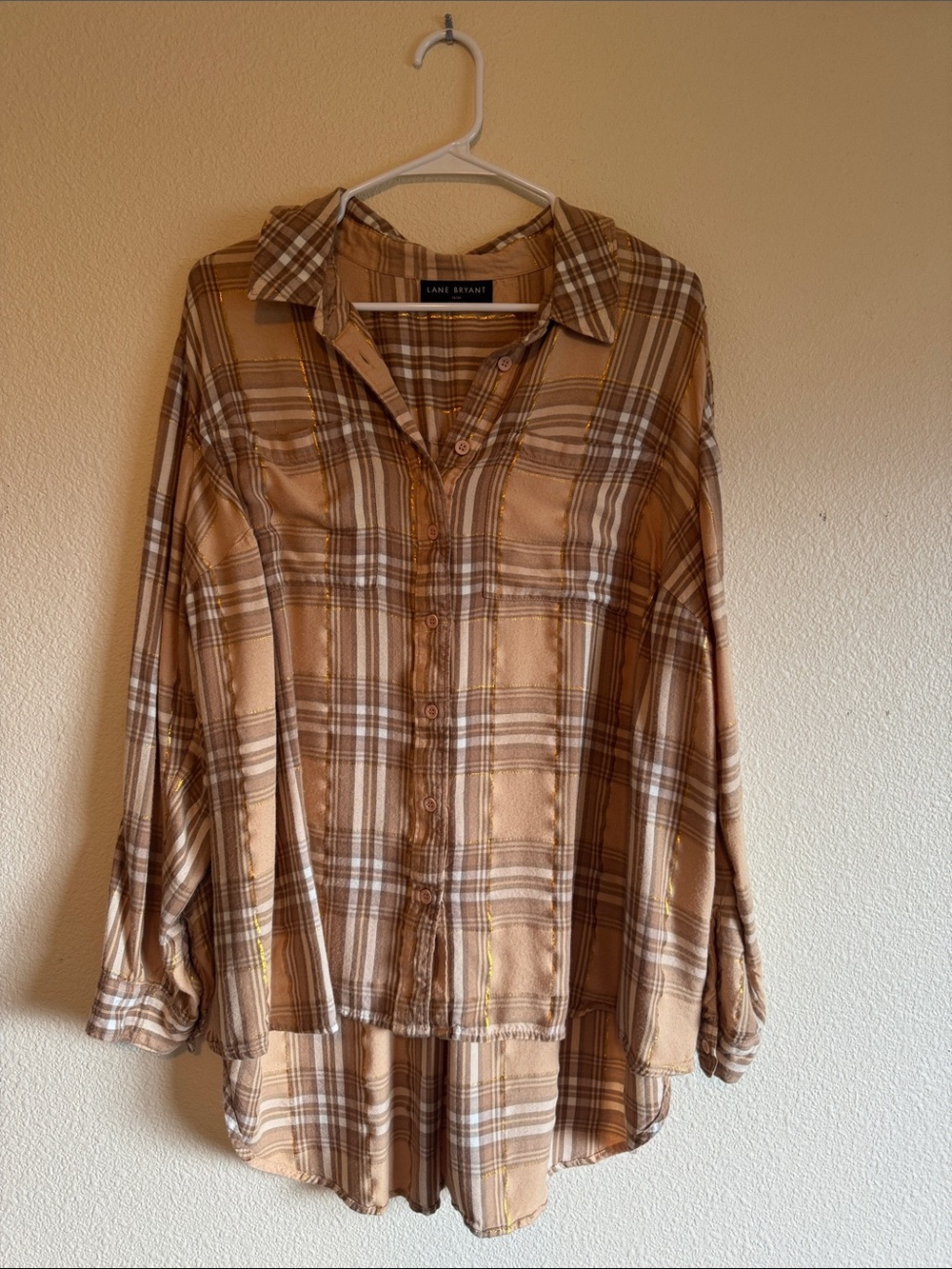 Lane Bryant Beige Plaid Button-Down Blouse